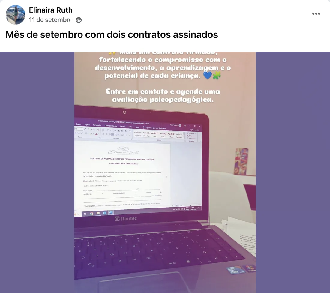 Depoimento de Elinaira Ruth: mês de setembro com dois contratos assinados