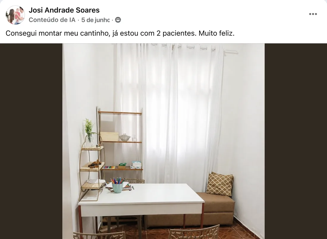 Depoimento de Josi Andrade Soares: montou o cantinho e já está com 2 pacientes
