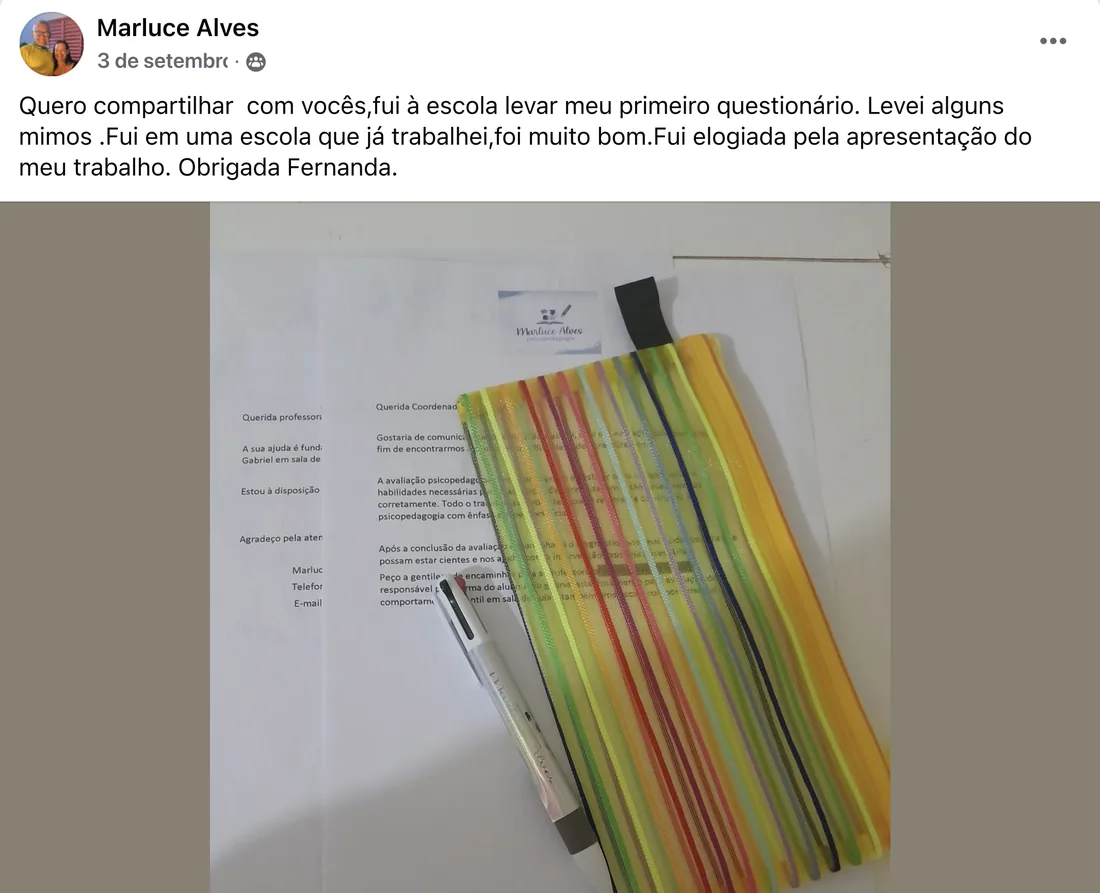 Depoimento de Marluce Alves: levou o primeiro questionário à escola e foi elogiada